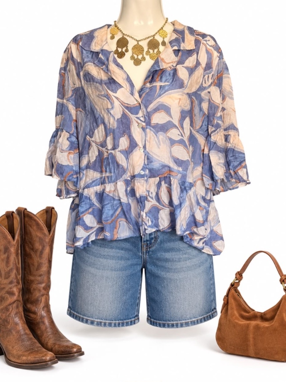 CeCe Blue Floral Ruffle Peplum Button Front Blouse Large